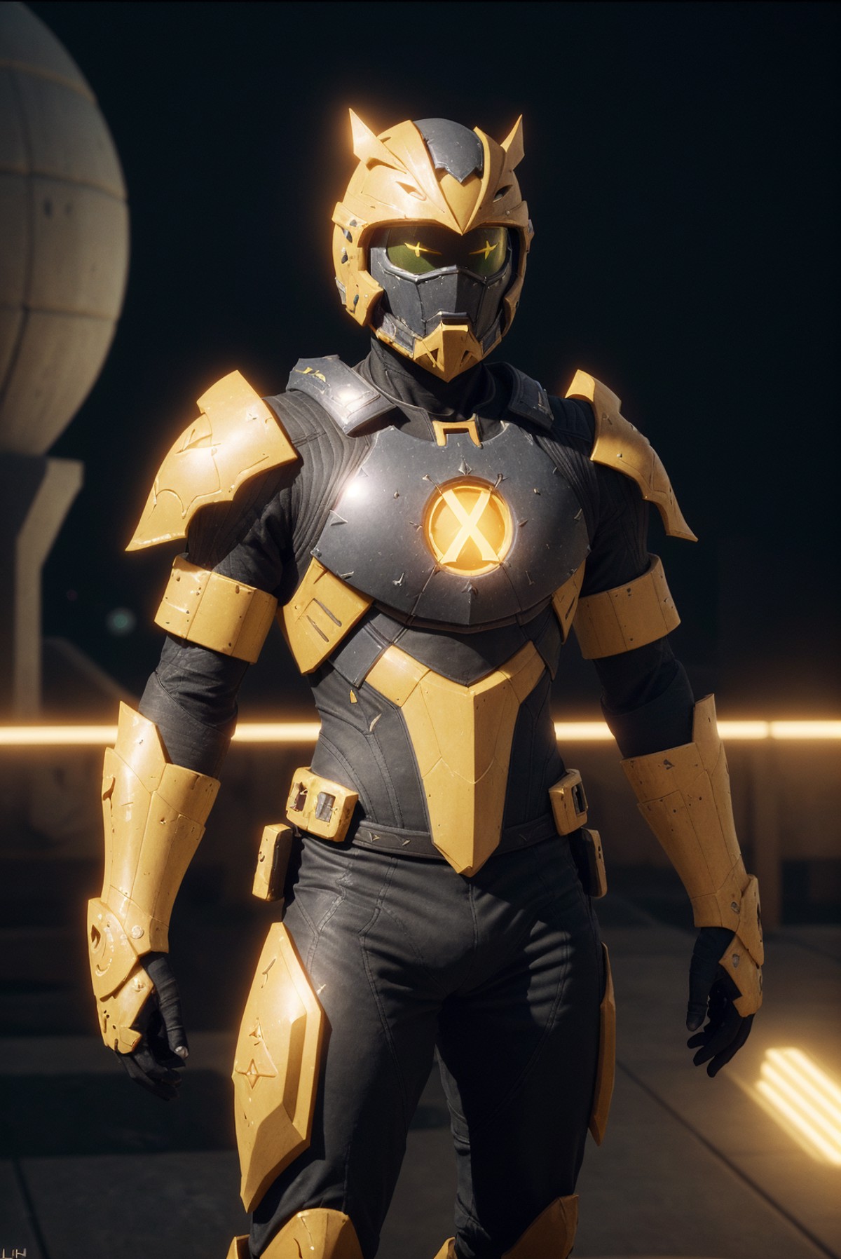 Grumpy Ivorian [spearmint:muskmelon:5], anthropomorphic reimagined as a Destiny game character, yellow plate armor, helmet...